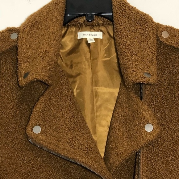 MAX STUDIO Faux Fur Cozy Asymmetrical Moto Zipper Jacket in Cognac size M - Picture 12 of 13
